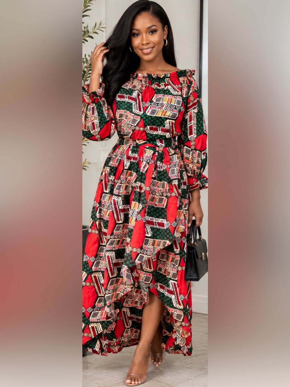 African-print maxi dress off shoulder maxi dress